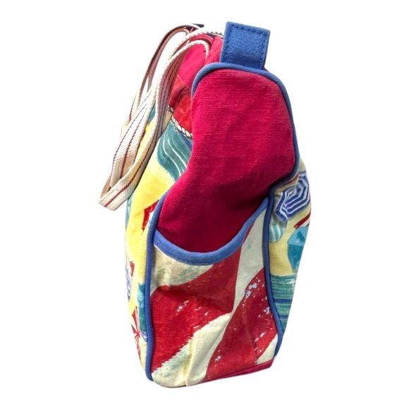 Colorful Beach Themed Canvas Tote Bag Red & White Striped Handles Paul Brent - Picture 7 of 8